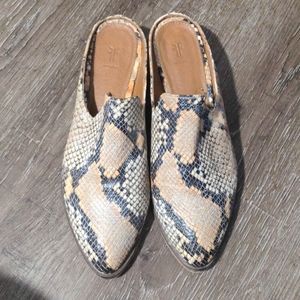 Frye Leather Snakeskin Heeled Mules